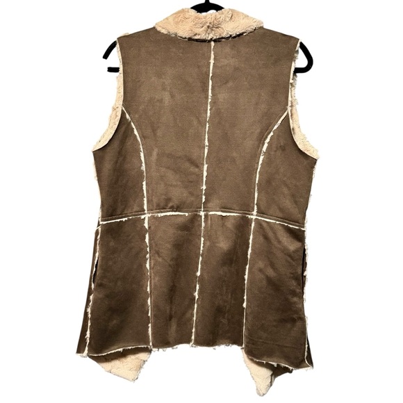 Double Zero Vegan Suede Faux Fur Chocolate Brown Open Front Cardigan Vest - Picture 7 of 11